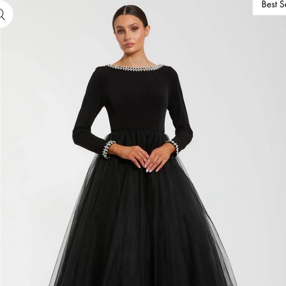 Mac Duggal Elegant Black Long Sleeve Dress with Pearl Accents - Picture 1 of 7